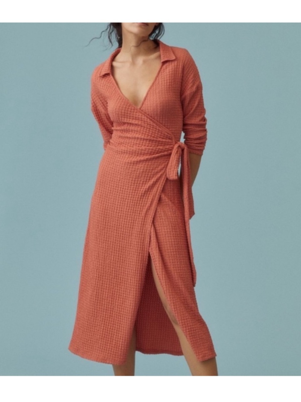 By Anthropologie Waffle V-Neck Wrap Dress 3/4th Length Ruched Sleeve Midi